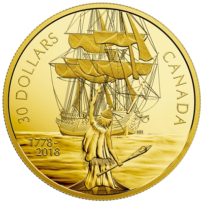 2018 Canada $30 Captain Cook & the HMS Resolution Gold Plated Fine Silver (No Tax)