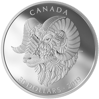 2019 Canada $30 Zentangle Art: The Bighorn Sheep Fine Silver Coin (Tax Exempt)
