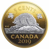 2019 Canada 5-cent Big Coin Reverse Gold Plated 5oz. Silver (No Tax)