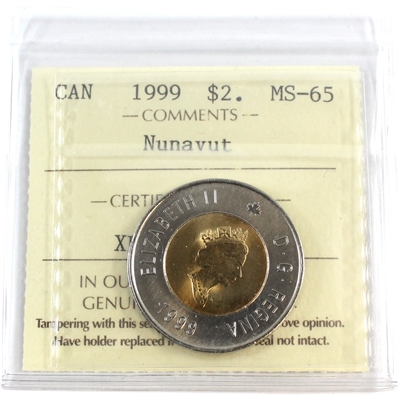 1999 Nunavut Canada Two Dollar ICCS Certified MS-65