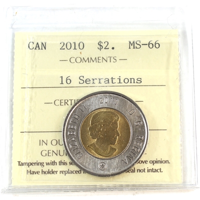 2010 16 Serrations Canada Two Dollar ICCS Certified MS-66