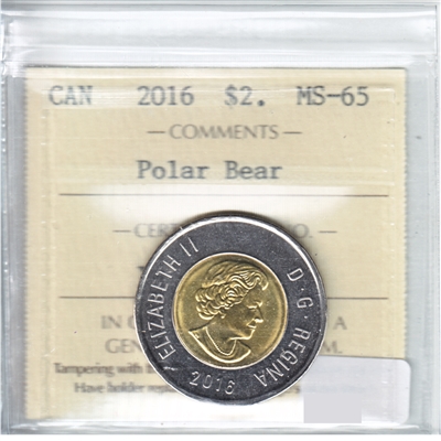 2016 Polar Bear Canada Two Dollar ICCS Certified MS-65