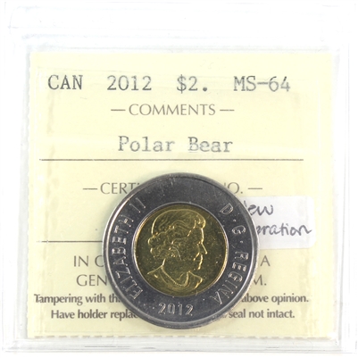 2012 New Generation Canada Two Dollar ICCS Certified MS-64
