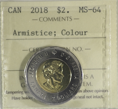 2018 Armistice Colour Canada Two Dollar ICCS Certified MS-64