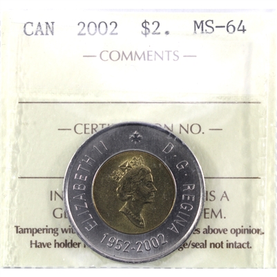 2002 Canada Two Dollar ICCS Certified MS-64