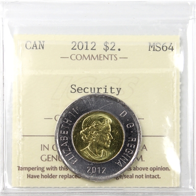 2012 Security Canada Two Dollar ICCS Certified MS-64