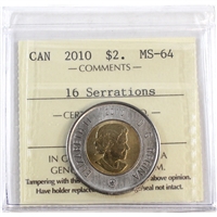 2010 16 Serrations Canada Two Dollar ICCS Certified MS-64