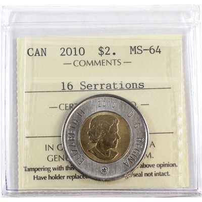 2010 16 Serrations Canada Two Dollar ICCS Certified MS-64