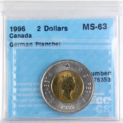 1996 German Planchet Canada Two Dollar CCCS Certified MS-63