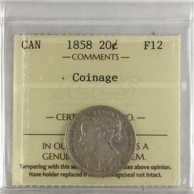 1858 Coinage Canada 20-cents ICCS Certified F-12 (XTQ 351)