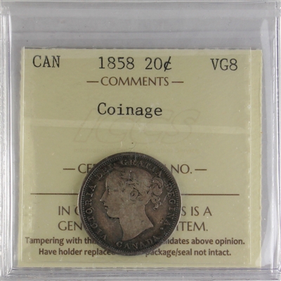 1858 Coinage Canada 20-cents ICCS Certified VG-8 (XWL 100)