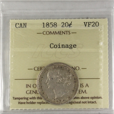 1858 Coinage Canada 20-cents ICCS Certified VF-20