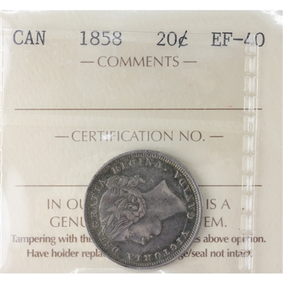 1858 Canada 20-cents ICCS Certified EF-40 (AS 871)