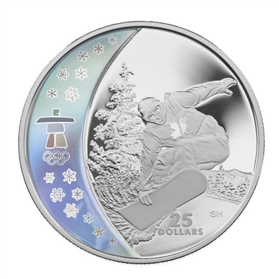2008 Canada $25 Snowboarding Olympic Sterling Silver Hologram