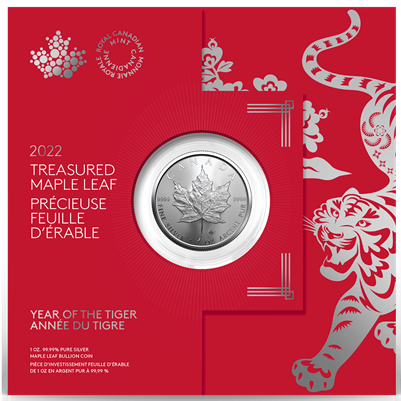 2022 Canada $5 Year of the Tiger Treasured Silver Maple Leaf 1oz. Fine Silver (No Tax)