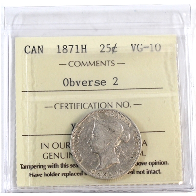 1871H Obv. 2 Canada 25-cents ICCS Certified VG-10