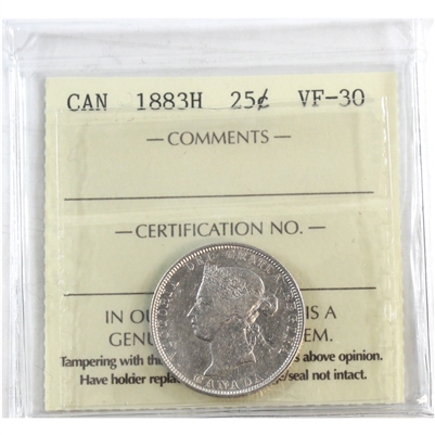 1883H Canada 25-cents ICCS Certified VF-30