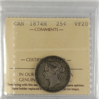 1874H Canada 25-cents ICCS Certified VF-20