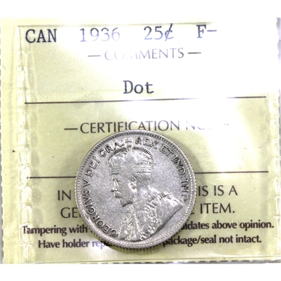 1936 Dot Canada 25-cents ICCS Certified F-12