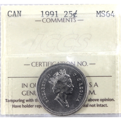 1991 Canada 25-cents ICCS Certified MS-64