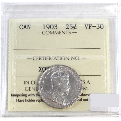 1903 Canada 25-cents ICCS Certified VF-30