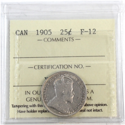 1905 Canada 25-cents ICCS Certified F-12