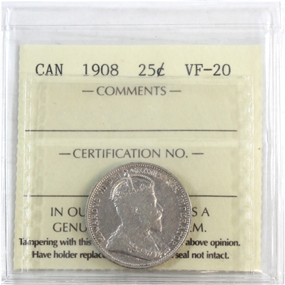 1908 Canada 25-cents ICCS Certified VF-20