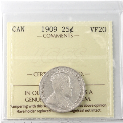 1909 Canada 25-cents ICCS Certified VF-20