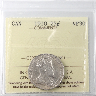 1910 Canada 25-cents ICCS Certified VF-30