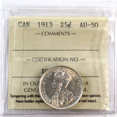 1913 Canada 25-cents ICCS Certified AU-50