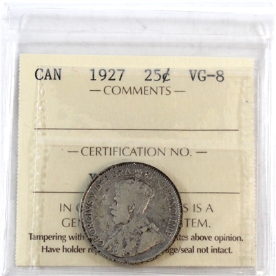 1927 Canada 25-cents ICCS Certified VG-8