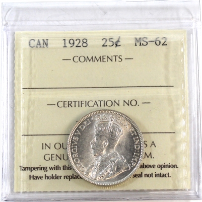 1928 Canada 25-cents ICCS Certified MS-62