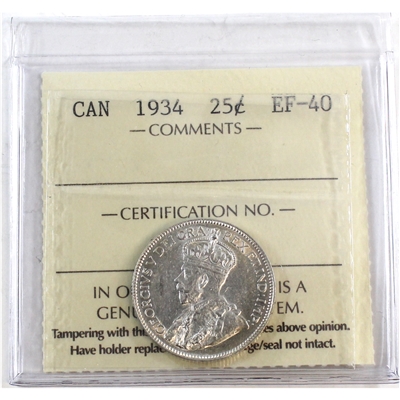 1934 Canada 25-cents ICCS Certified EF-40