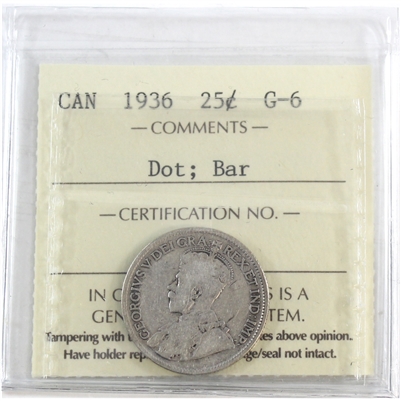 1936 Dot, Bar Canada 25-cents ICCS Certified G-6