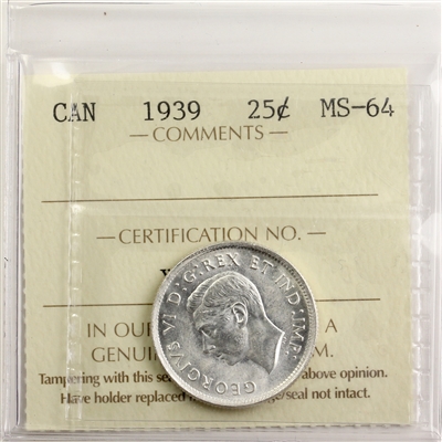 1939 Canada 25-cents ICCS Certified MS-64 (XPJ 539)