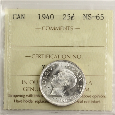 1940 Canada 25-cents ICCS Certified MS-65 (XSA 157)