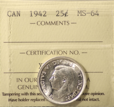 1942 Canada 25-cents ICCS Certified MS-64 (XVP 209)