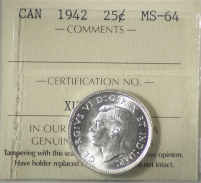 1942 Canada 25-cents ICCS Certified MS-64 (XUM 356)