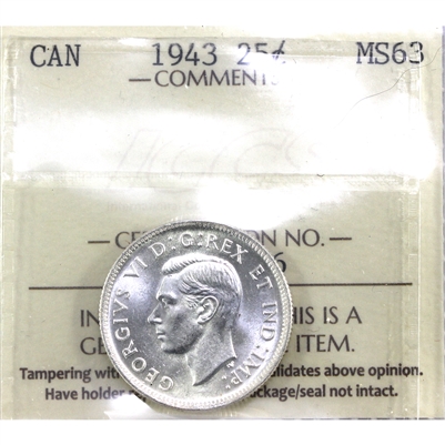 1943 Canada 25-cents ICCS Certified MS-63
