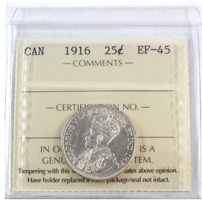 1916 Canada 25-cents ICCS Certified EF-45