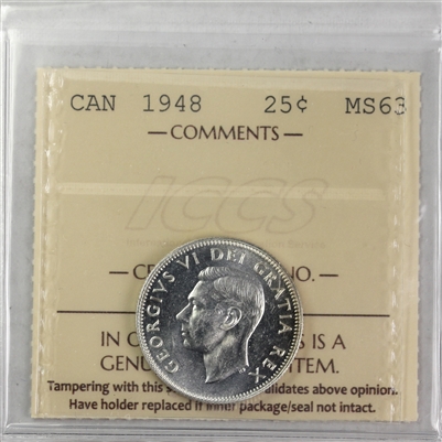 1948 Canada 25-cents ICCS Certified MS-63 (XWJ 835)