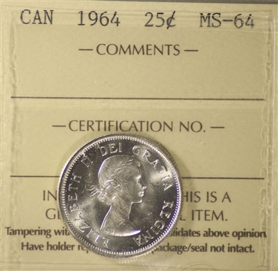 1964 Canada 25-cents ICCS Certified MS-64