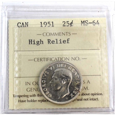 1951 High Relief Canada 25-cents ICCS Certified MS-64
