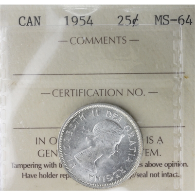 1954 Canada 25-cents ICCS Certified MS-64