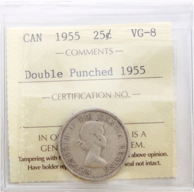 1955 Double Punched 1955 Canada 25-cents ICCS Certified VG-8
