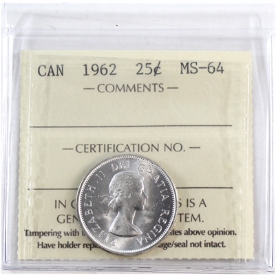 1962 Canada 25-cents ICCS Certified MS-64