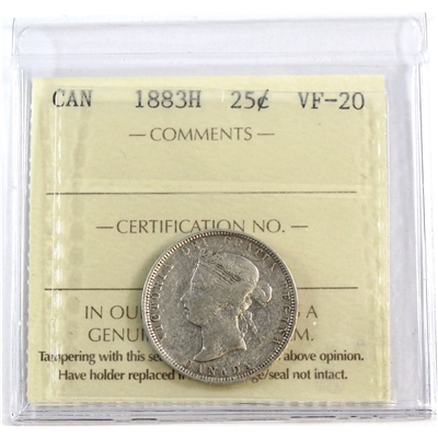 1883H Canada 25-cents ICCS Certified VF-20