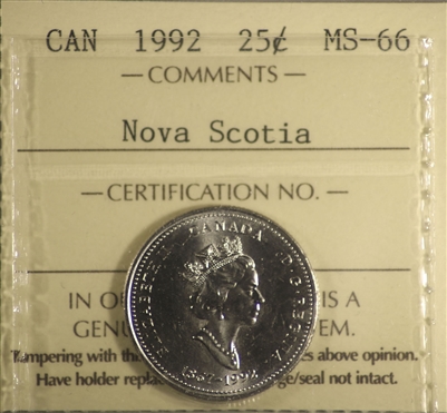 1992 Canada 25-cents ICCS Certified MS-66 Nova Scotia