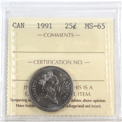 1991 Canada 25-cents ICCS Certified MS-65