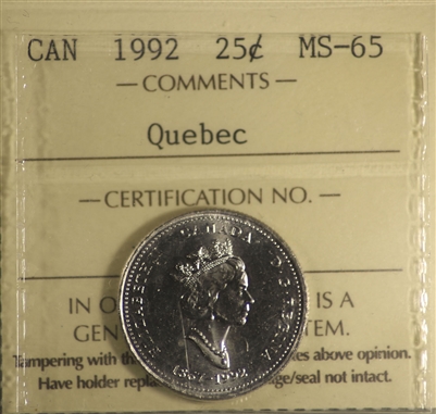 1992 Canada 25-cents ICCS Certified MS-65 Quebec